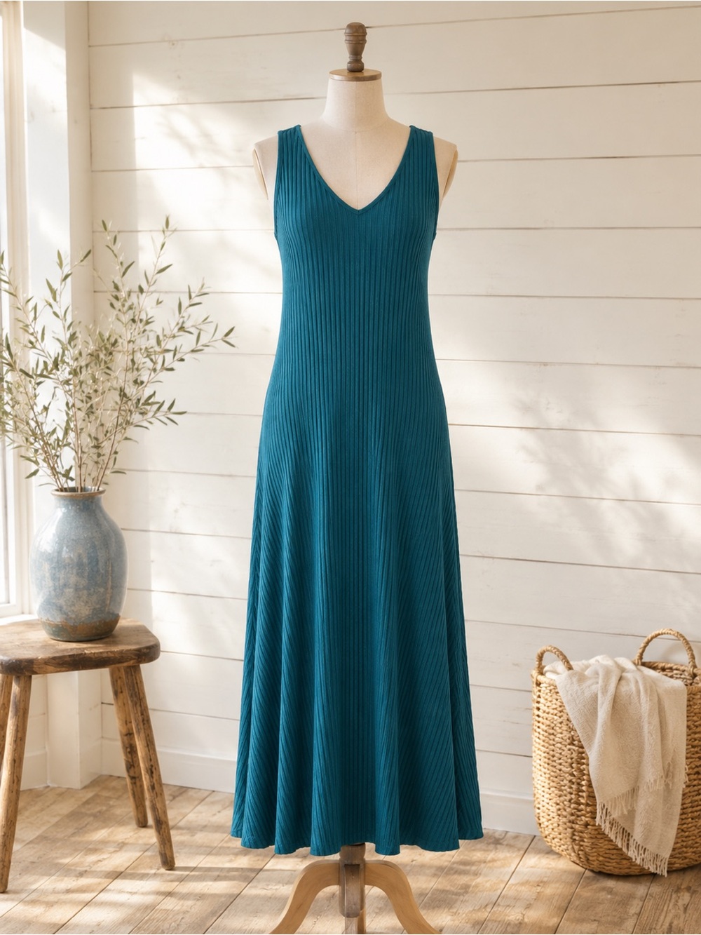 ✨ Amour Vert Dress Teal Maxi Fitted Ribbed Stretch Cotton Size XS ✨